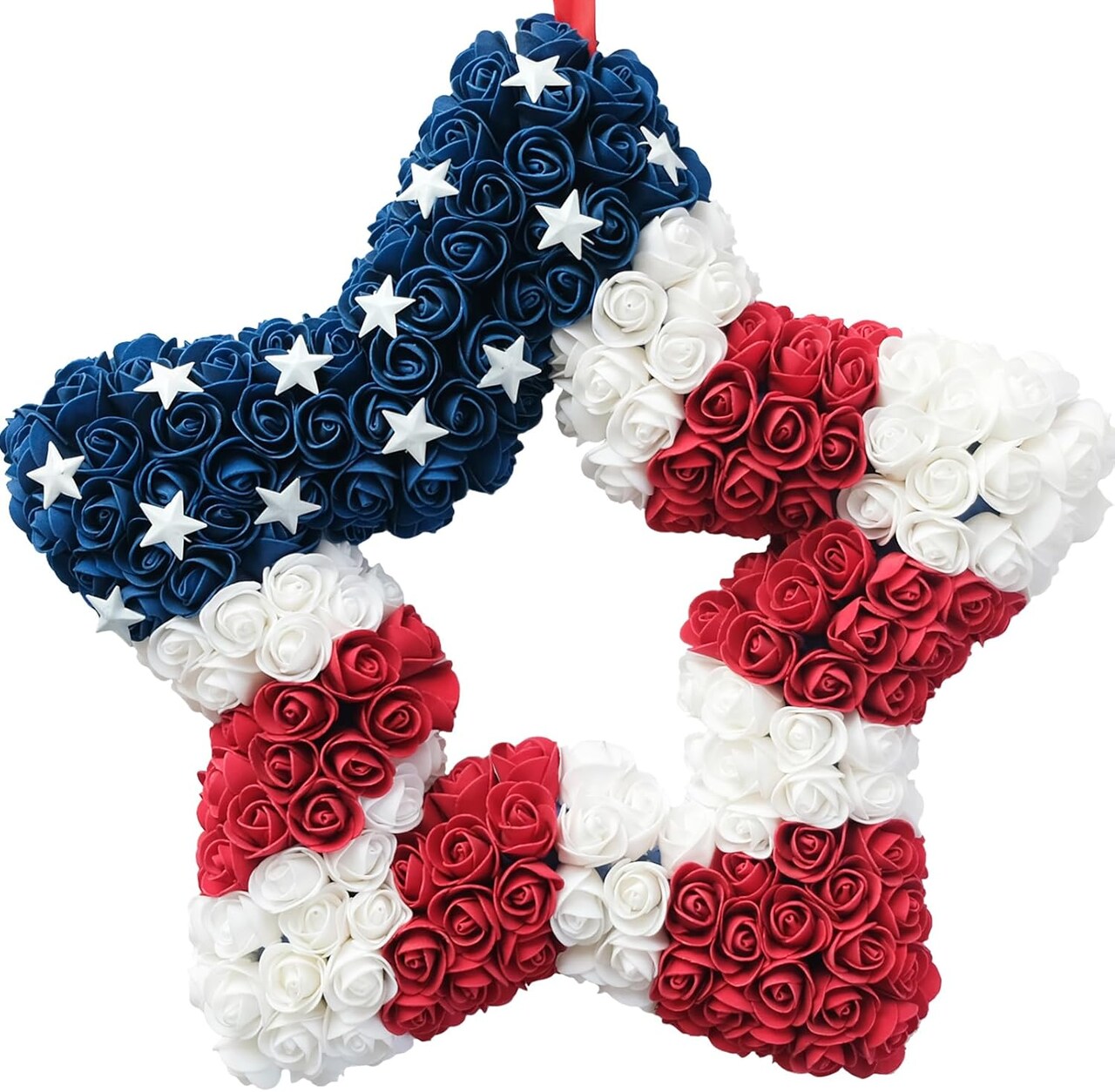 18 Inch Patriotic Red White Blue Large Star Shape Flower Wreath for Front Door, Forth of July American Flag Color Soft Touch Floral Wreath for Indoor and Outdoor, Independence Day Wreath